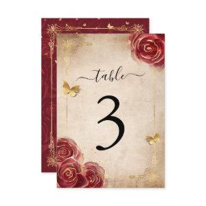 Burgundy and Gold Rose Wedding Table Number Cards