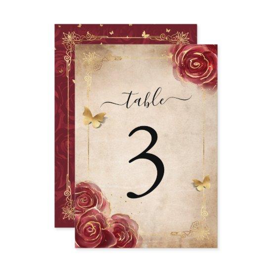 Burgundy and Gold Rose Wedding Table Number Cards