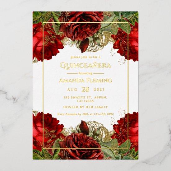 Burgundy and Gold Vintage Roses Quinceañera Photo Foil