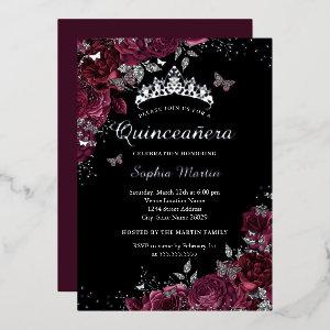 Burgundy Black Floral Elegant Silver Quinceanera Foil