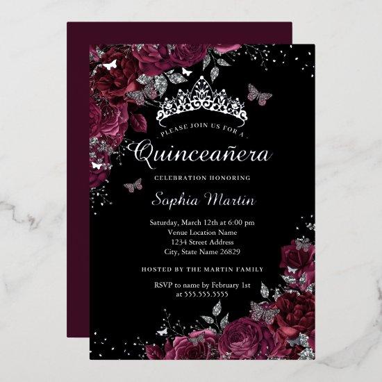 Burgundy Black Floral Elegant Silver Quinceanera Foil