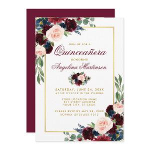Burgundy Blue Floral Quinceanera Gold Photo