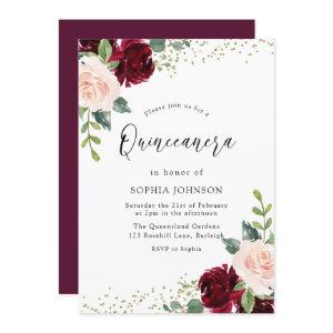 Burgundy Blush Floral Gold Glitter Quinceanera