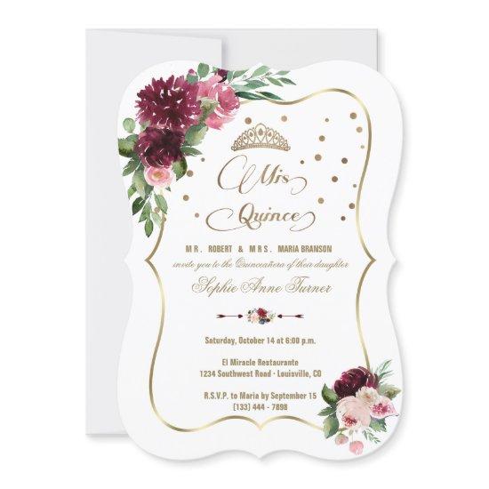 Burgundy Blush Floral Gold Mis Quince Quinceañera