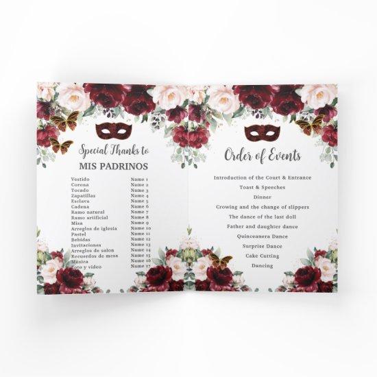Burgundy Blush Floral Gold Quinceañera Masquerade  Program