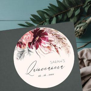 Burgundy Blush Floral Pampas Grass Quinceanera Classic Round Sticker