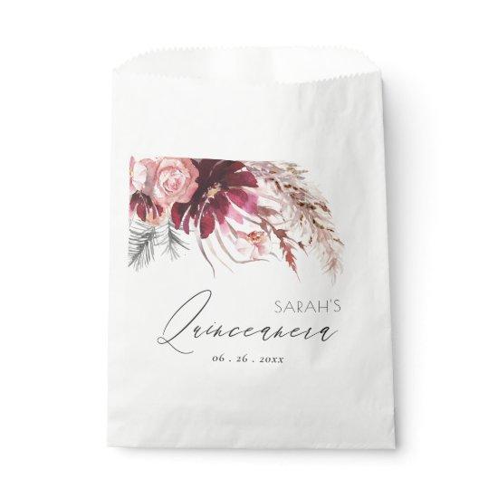 Burgundy Blush Floral Pampas Grass Quinceanera Favor Bag