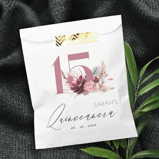 Burgundy Blush Floral Pampas Grass Quinceanera Favor Bag