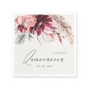 Burgundy Blush Floral Pampas Grass Quinceanera Napkins