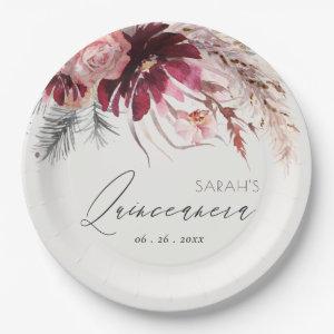 Burgundy Blush Floral Pampas Grass Quinceanera Paper Plates