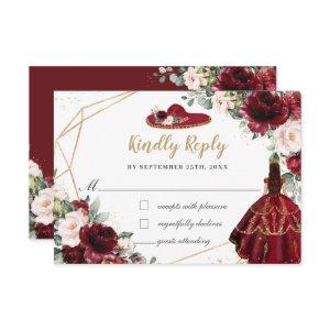 Burgundy Blush Floral Quinceañera Charro Hat RSVP Card