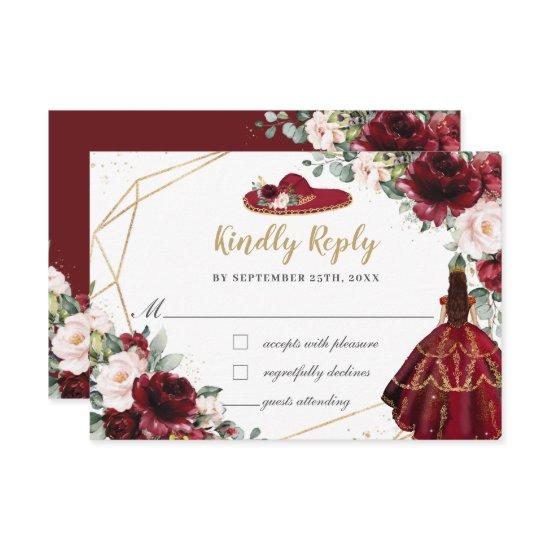 Burgundy Blush Floral Quinceañera Charro Hat RSVP Card