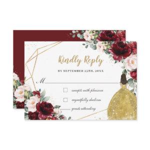 Burgundy Blush Floral Quinceañera Gold Princess  RSVP Card