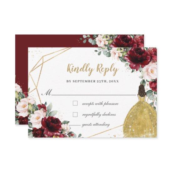 Burgundy Blush Floral Quinceañera Gold Princess  RSVP Card
