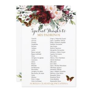 Burgundy Blush Floral QUINCEAÑERA Padrinos Card