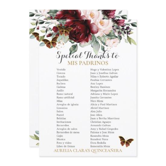 Burgundy Blush Floral QUINCEAÑERA Padrinos Card