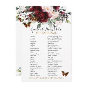 Burgundy Blush Floral QUINCEAÑERA Padrinos Card