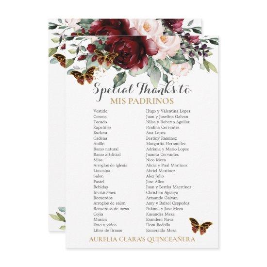 Burgundy Blush Floral QUINCEAÑERA Padrinos Card