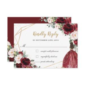 Burgundy Blush Floral Quinceañera Princess Reply RSVP Card