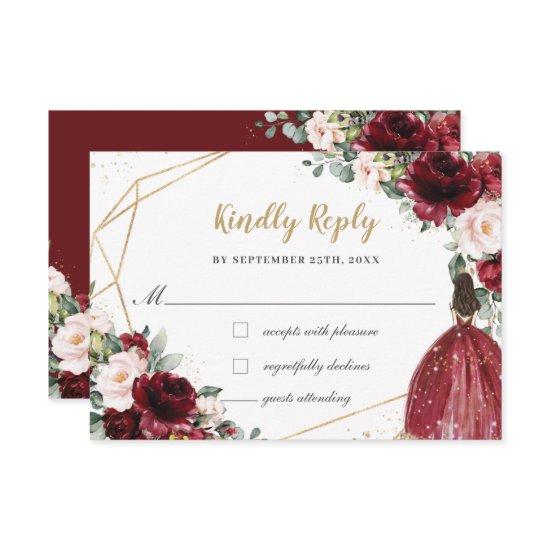 Burgundy Blush Floral Quinceañera Princess Reply RSVP Card