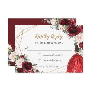 Burgundy Blush Floral Quinceañera Princess Reply RSVP Card