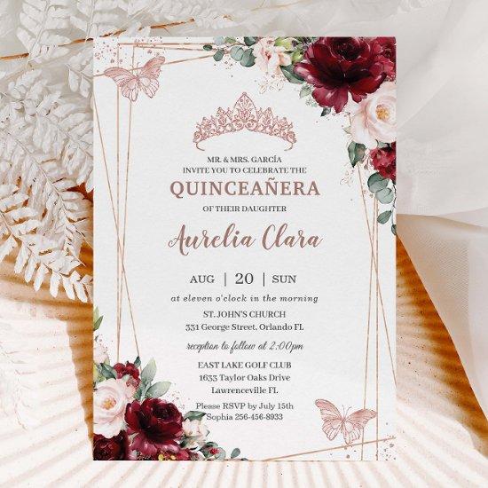Burgundy Blush Floral Rose Gold Tiara Quinceañera