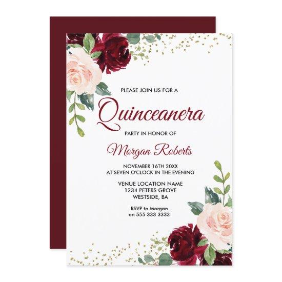 Burgundy Blush Glitter Floral Quinceanera