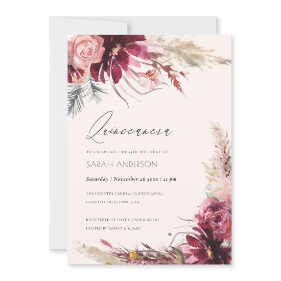 Burgundy Blush Pampas Grass Quinceanera Invite