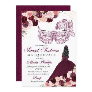 Burgundy Blush Pink Floral Masquerade Sweet 16 Inv