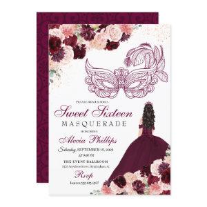Burgundy Blush Pink Floral Masquerade Sweet 16 Inv