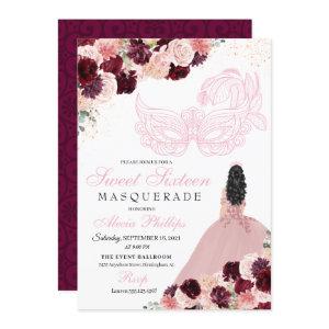 Burgundy Blush Pink Floral Masquerade Sweet 16 Inv