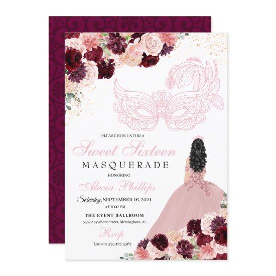 Burgundy Blush Pink Floral Masquerade Sweet 16 Inv