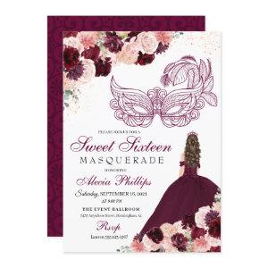 Burgundy Blush Pink Floral Masquerade Sweet 16 Inv