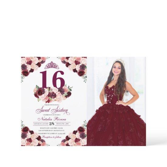 Burgundy Blush Pink Floral Sweet 16 Birthday Photo