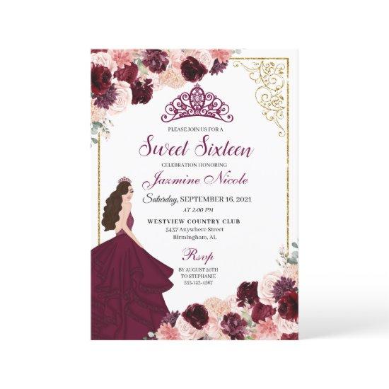 Burgundy Blush Pink Floral Sweet Sixteen Birthday