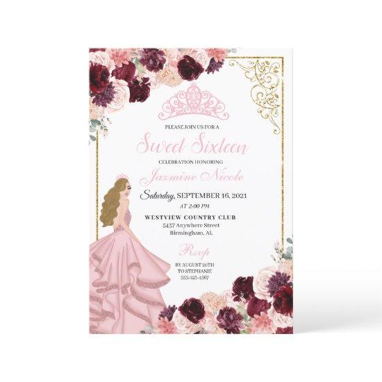 Burgundy Blush Pink Floral Sweet Sixteen Birthday