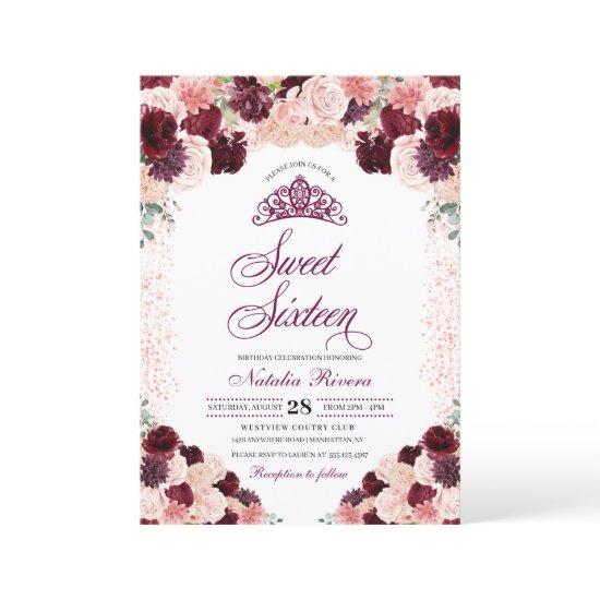 Burgundy Blush Pink Floral Sweet Sixteen Birthday