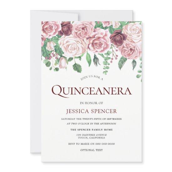 Burgundy & Blush Roses Quinceanera Party Invite