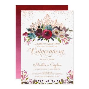 Burgundy Boho Floral & Gold Tiara Quinceanera