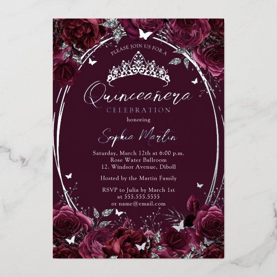 Burgundy Captivating Floral Butterfly Quinceanera Foil