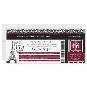 Burgundy Damask Quinceanera Paris Boarding Pass