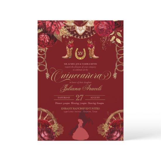 Burgundy Elegant Roses Red Gold Charro Quinceanera