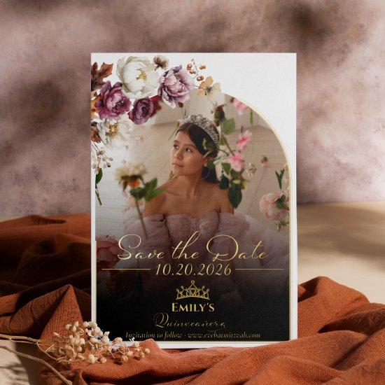 Burgundy Fall Quinceanera Photo Save The Date Real Foil