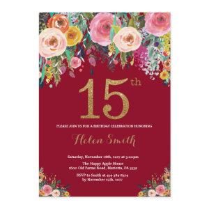 Burgundy Floral 15th Birthday  Gold