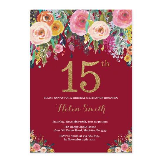 Burgundy Floral 15th Birthday  Gold