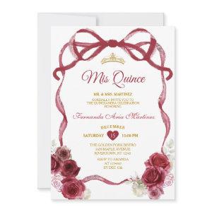 Burgundy Floral Bow Ribbon Gold Crown Mis Quince