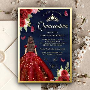 Burgundy Floral Butterfly Navy Quinceanera Gold Foil