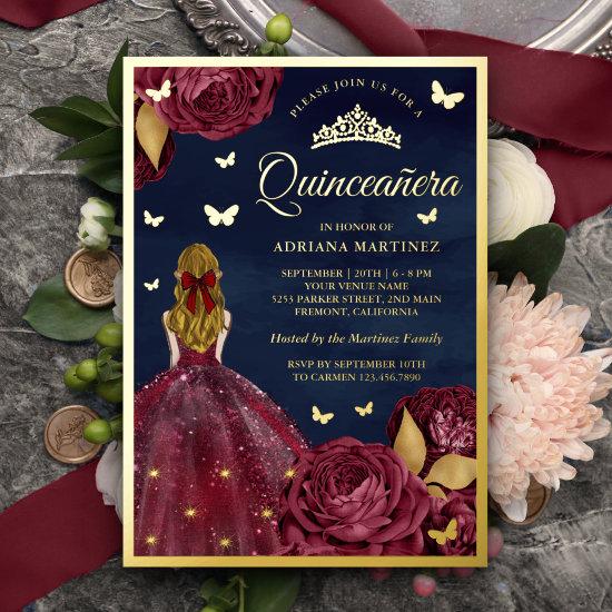 Burgundy Floral Butterfly Navy Quinceanera Gold Foil