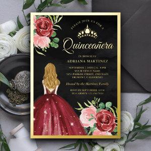 Burgundy Floral Dress Black Quinceanera Gold Foil
