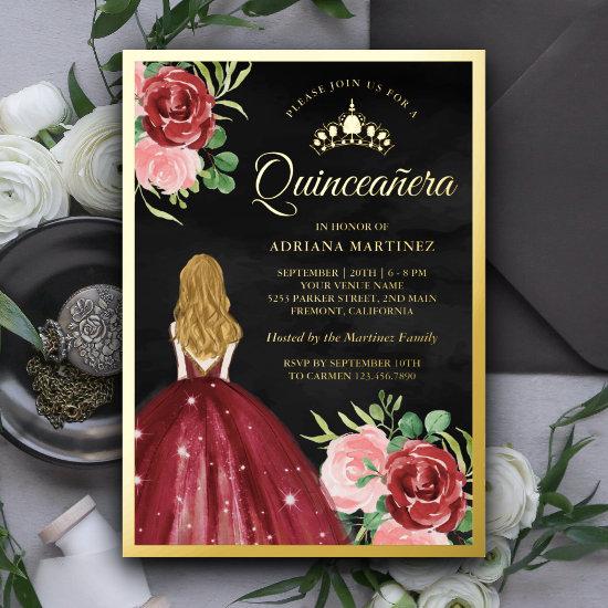 Burgundy Floral Dress Black Quinceanera Gold Foil